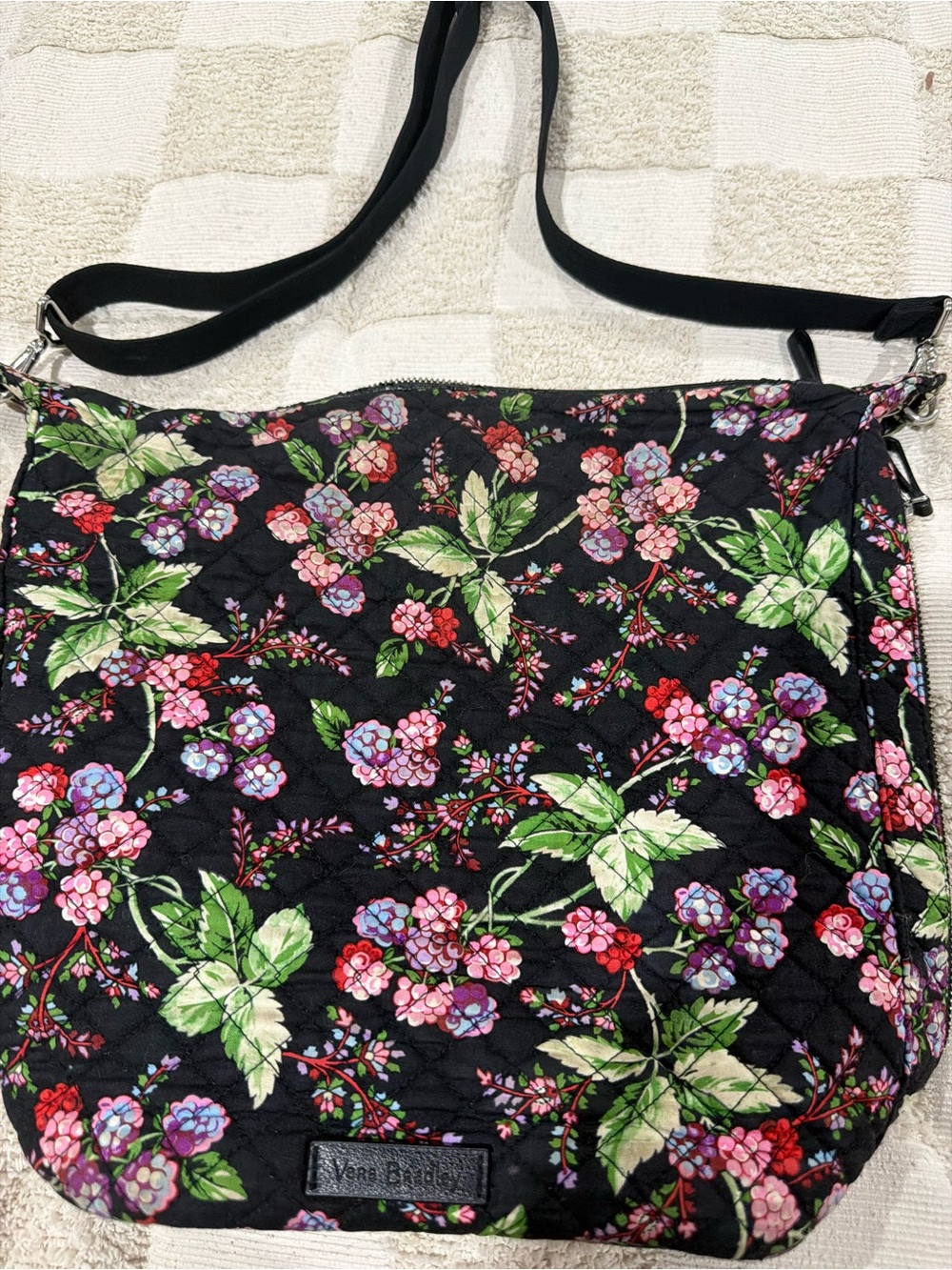 Vera Bradley Black Floral Quilted Crossbody with Green Leaves